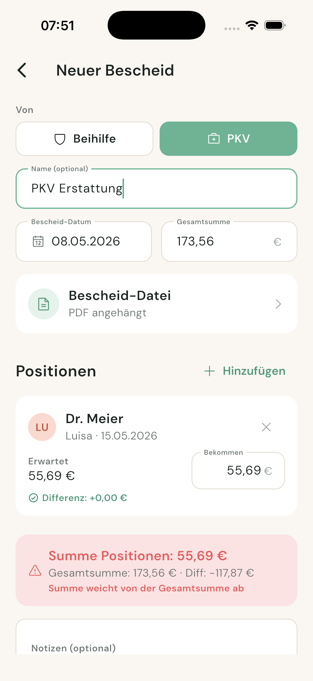 Bescheid-Abgleich Position für Position in der App