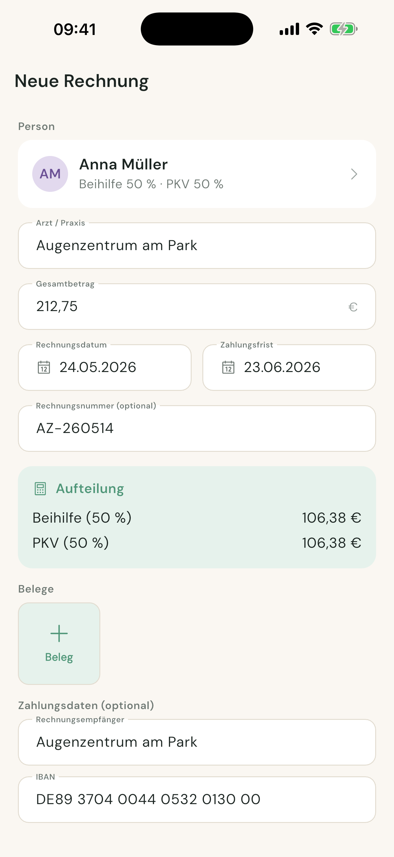 Beleg-Erfassung in der App mit automatischer Aufteilung
