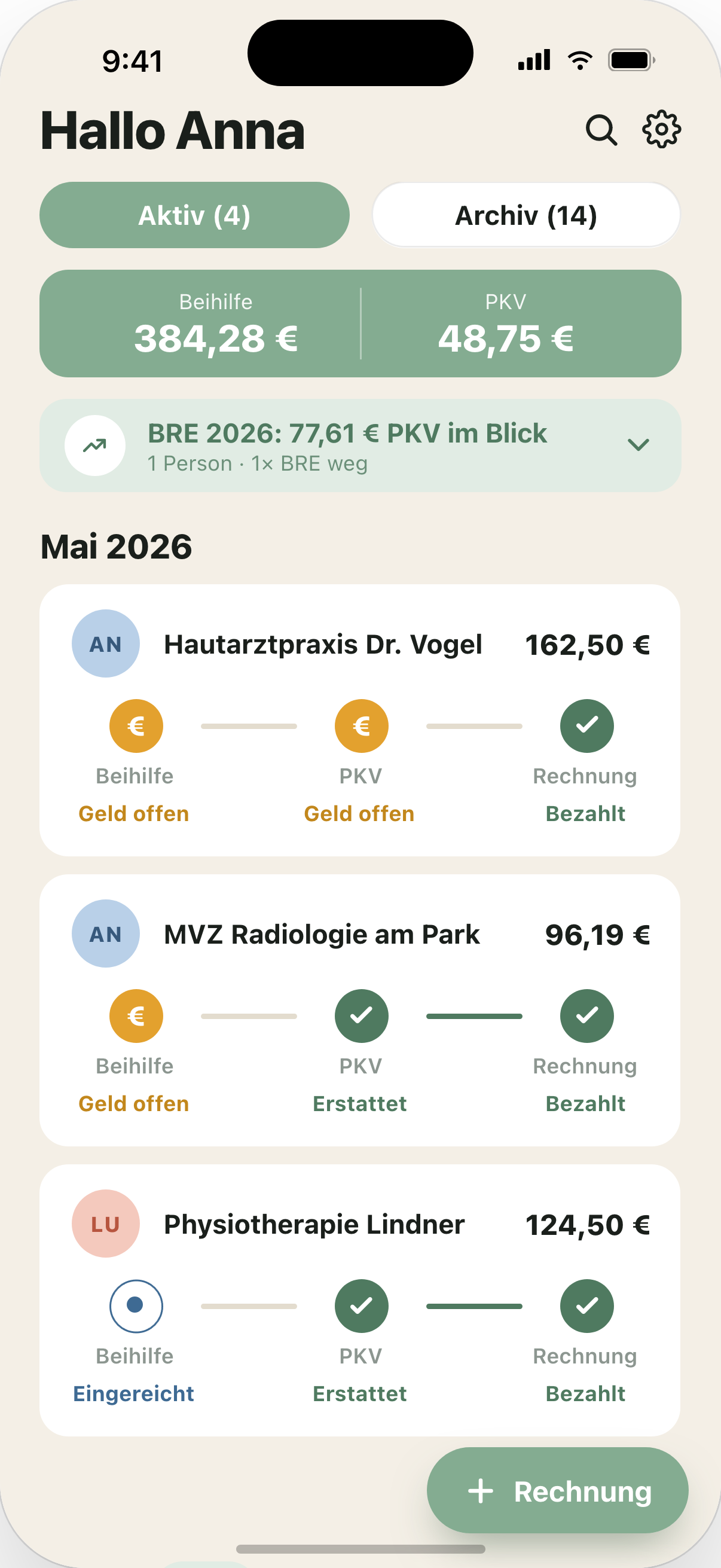 Status und Fristen aller Rechnungen in der App